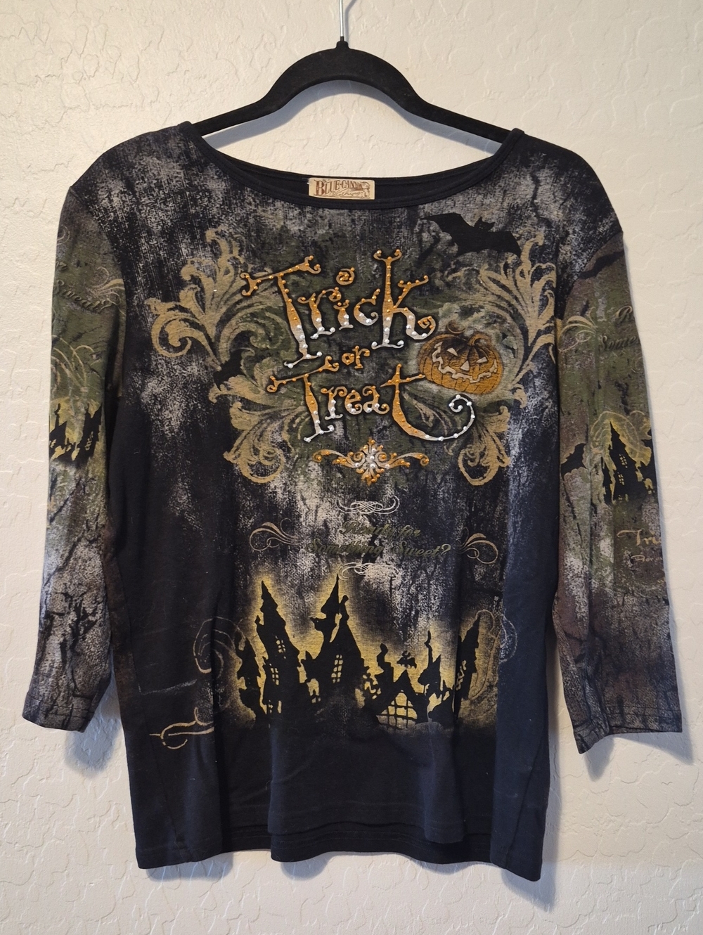 Vtg Y2K Blue Canyon Halloween Trick or Treat 3/4 Sleeve Graphic Tee Large
